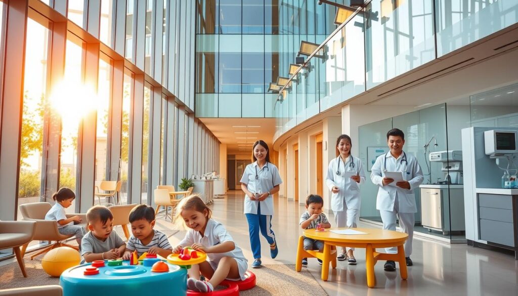 A modern, well-equipped pediatric clinic nestled within the iconic Mount Elizabeth Medical Centre. The building's sleek, glass facade catches the warm afternoon sunlight, creating a welcoming and bright atmosphere. In the foreground, a group of smiling children play with colorful toys in a cozy, child-friendly waiting area. Nurses and doctors in crisp, white uniforms move purposefully through the corridor, providing attentive care. The background showcases the renowned medical facility's state-of-the-art equipment and facilities, reflecting the highest standards of pediatric healthcare. An image that conveys the professionalism, expertise, and child-centric focus of Mount Elizabeth Pediatric Care.
