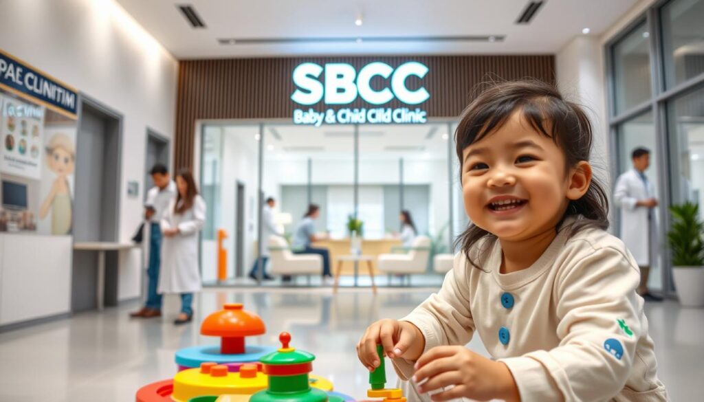 A modern, well-equipped pediatric clinic with a warm, inviting atmosphere. In the foreground, a smiling child plays with colorful toys, surrounded by attentive nurses and doctors in crisp white coats. The middle ground features a spacious, well-lit waiting area with comfortable seating and calming decor. In the background, the clinic's exterior showcases a sleek, contemporary design with large windows and a prominent signage reading "SBCC Baby & Child Clinic". Soft, natural lighting filters through, creating a soothing, nurturing environment for young patients and their families.