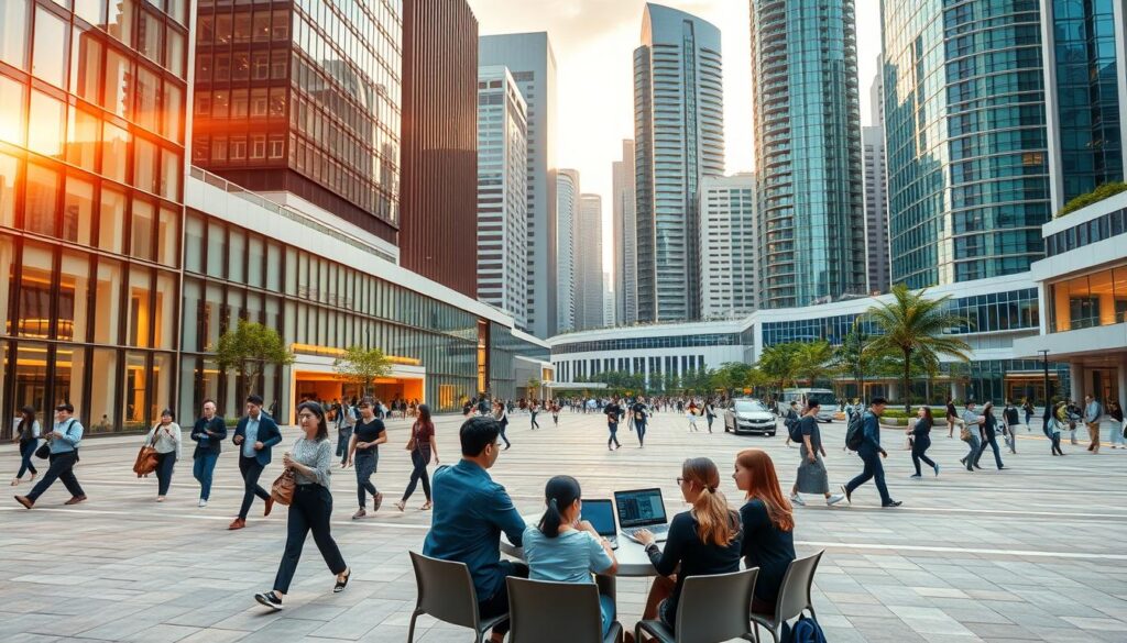 A modern, well-equipped polytechnic campus nestled in the heart of Singapore's bustling business district. Sleek, glass-fronted buildings rise against a backdrop of towering skyscrapers. Students in professional attire stride across the bustling plaza, chatting animatedly about their business management courses. The scene is bathed in warm, golden lighting, conveying a sense of productivity and opportunity. In the foreground, a group of students collaborates at a circular table, laptops open and textbooks spread out, immersed in their studies. The overall impression is one of a dynamic, forward-thinking institution, perfectly positioned to equip the next generation of business leaders.