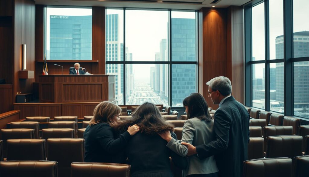 A modern, well-lit courtroom with wooden paneling and plush leather chairs. The judge's bench is elevated, casting a serious, authoritative presence. In the foreground, a family huddles together, expressions ranging from anguish to determination. Their lawyer stands beside them, making a passionate argument. Through the windows, a cityscape of towering skyscrapers and bustling streets suggests the high-stakes world of family law. Soft, warm lighting creates an atmosphere of dignity and resolve, as the participants navigate the complexities of the justice system.