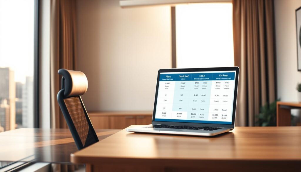 A modern, well-lit home office with a wooden desk and ergonomic chair. On the desk, an open laptop displays a comparison of different fibre broadband plan options, with icons and data visualizations illustrating download speeds, data caps, and pricing. The wall behind the desk features a large window overlooking a cityscape, bathing the scene in warm, natural lighting. The overall atmosphere is one of focus and productivity, inviting the viewer to consider their own fibre broadband needs.