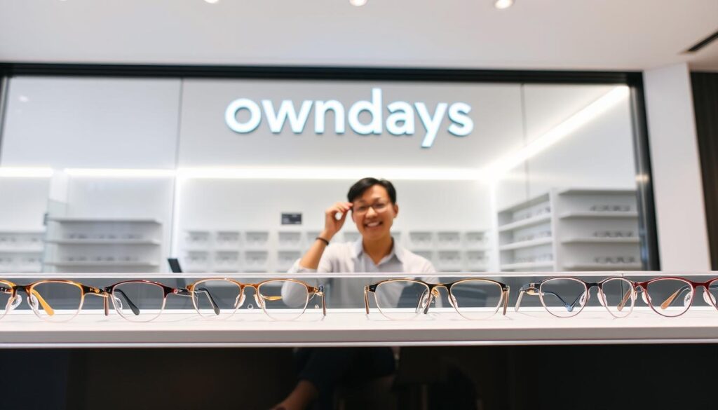 A modern, well-lit interior of an Owndays optical store in Singapore. In the foreground, a clean and minimalist display of various stylish Owndays eyeglass frames, showcasing their transparent and affordable designs. The middle ground features a customer trying on a pair of glasses, their expression reflecting the ease and comfort of the shopping experience. The background depicts the store's sleek and inviting decor, with crisp lighting accentuating the brand's contemporary aesthetic. The overall atmosphere conveys a sense of accessibility, quality, and an emphasis on the customer's needs.