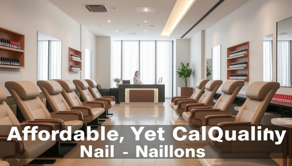 A modern, well-lit nail salon in Singapore, featuring clean and minimalist interior design with neutral tones. The foreground showcases a row of comfortable, ergonomic pedicure chairs and a manicure station with neatly organized nail polish bottles. The middle ground highlights a reception desk with a friendly, welcoming staff. In the background, soft natural light filters in through large windows, creating a serene and relaxing atmosphere. The overall scene conveys a sense of professionalism, affordability, and high-quality services, suitable for the "Affordable Yet Quality Nail Salons" section of the article.