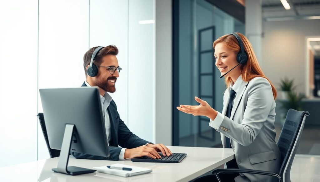 A modern, well-lit office setting with a customer support representative assisting a trader over a video call. The trader sits at a desk, intently focused on their computer screen, while the support agent, dressed in professional attire, offers guidance and assistance with a warm, empathetic expression. The background features a minimalist, sleek design with neutral tones, complementing the professional atmosphere. Soft, diffused lighting creates a sense of clarity and approachability, emphasizing the personalized, high-quality customer service experience.