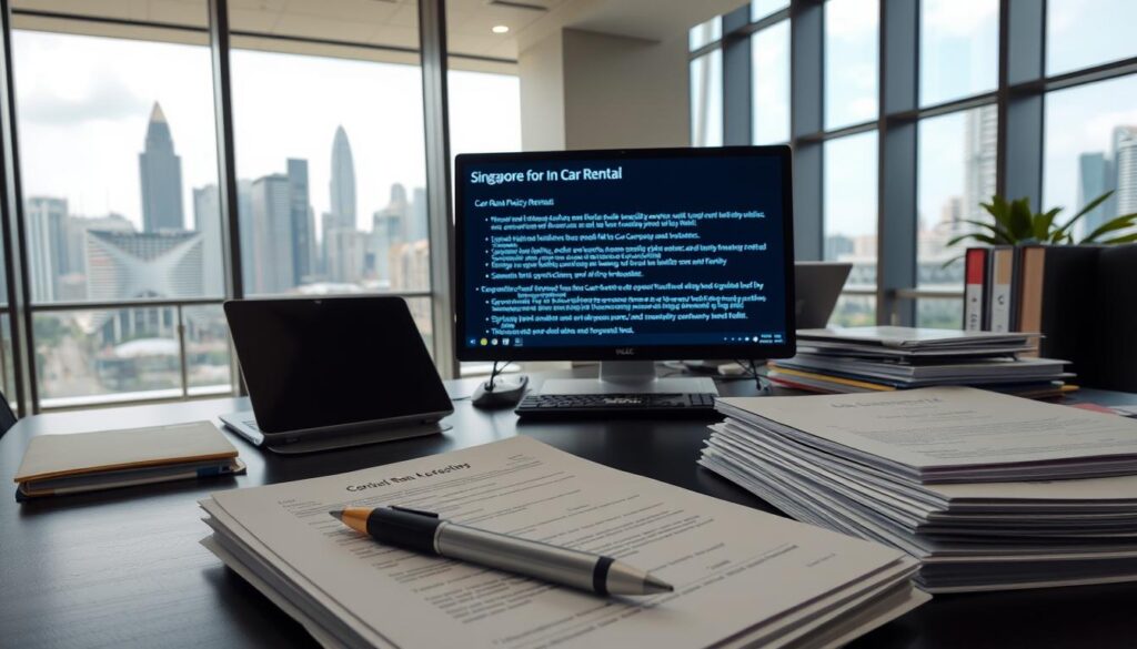 A modern, well-lit office setting with a large desk, a laptop, and various documents and files neatly organized. In the foreground, a stack of forms and a pen, representing the administrative requirements for car rental in Singapore. The middle ground features a computer screen displaying information about rental policies, insurance, and identification documents. In the background, a cityscape of Singapore's iconic skyscrapers can be seen through a window, hinting at the urban context. The overall mood is professional, organized, and informative, reflecting the systematic nature of car rental procedures in the city-state.