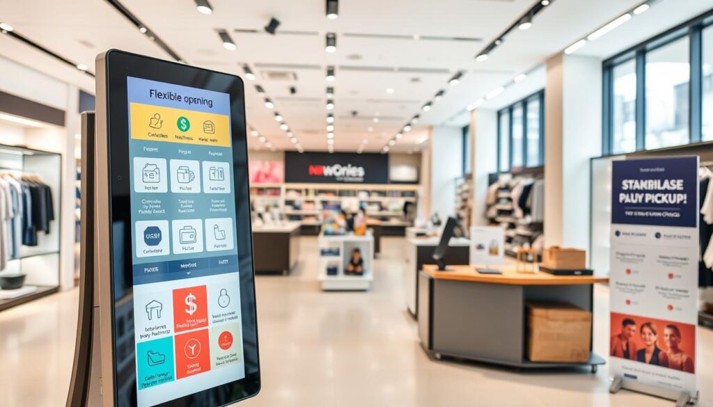 A modern, well-lit retail store interior with a prominent display showcasing various payment and shopping options. In the foreground, a touchscreen kiosk offers contactless payment methods, mobile wallets, and flexible financing plans. The middle ground features stylish product displays and signage highlighting the store's range of flexible purchasing choices, such as installment plans, buy-now-pay-later, and online ordering with in-store pickup. The background reveals a sleek, minimalist design with ample natural lighting, creating a welcoming and customer-centric atmosphere. The overall scene conveys a sense of ease, convenience, and financial flexibility for shoppers.
