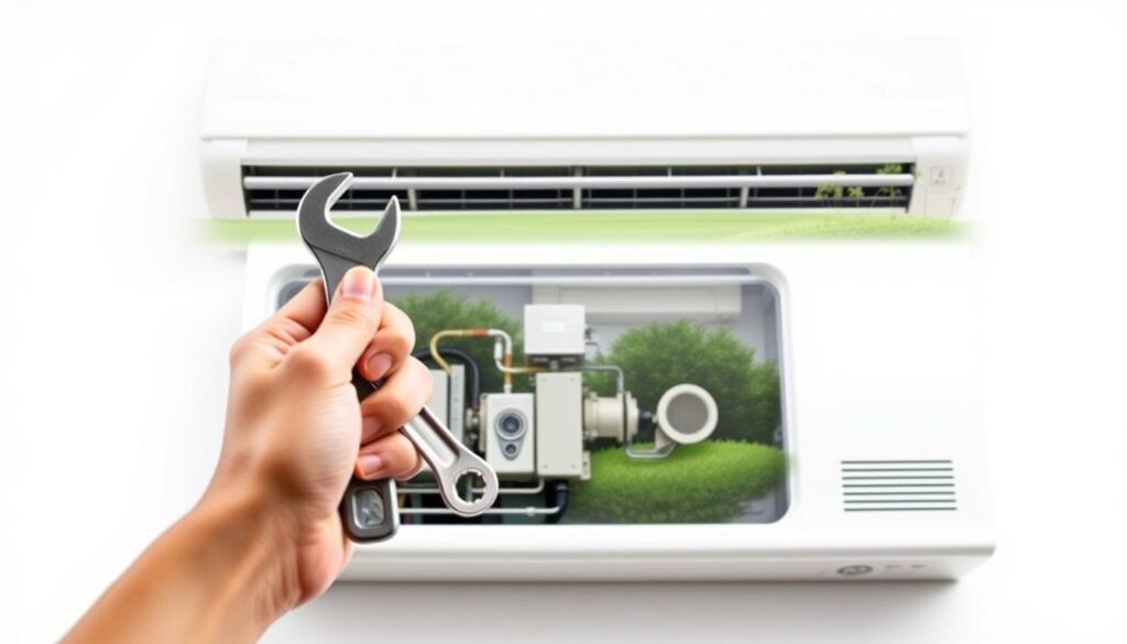 A modern, well-maintained air conditioning unit set against a clean, white background. In the foreground, a hand holds a wrench, symbolizing the importance of regular servicing. The middle ground features a cutaway view of the AC's internal components, highlighting their intricate design. The background showcases a lush, verdant landscape, conveying the benefits of a properly functioning system - improved air quality, temperature regulation, and energy efficiency. The lighting is soft and diffused, creating a sense of tranquility and professionalism. The overall composition and color palette evoke a message of the advantages of consistent aircon maintenance for optimal performance and longevity.