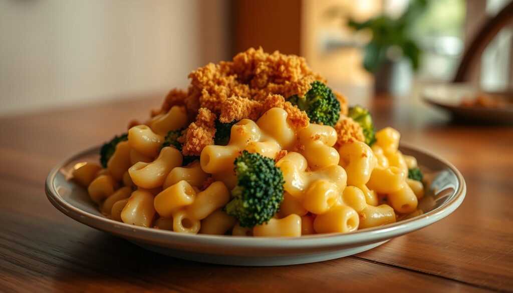 A mouth-watering plate of vegetarian mac and cheese sits on a wooden table, the creamy sauce glistening under warm, diffused lighting. Crisp, golden-brown breadcrumbs crown the dish, complementing the vibrant green of steamed broccoli florets scattered throughout. The scene is captured from a low angle, emphasizing the comfort and homemade appeal of this plant-based take on a classic comfort food. Soft shadows add depth, while a subtle bokeh effect in the background suggests a cozy, intimate setting, perfect for savoring this delightful, meat-free twist on a Singaporean favorite.
