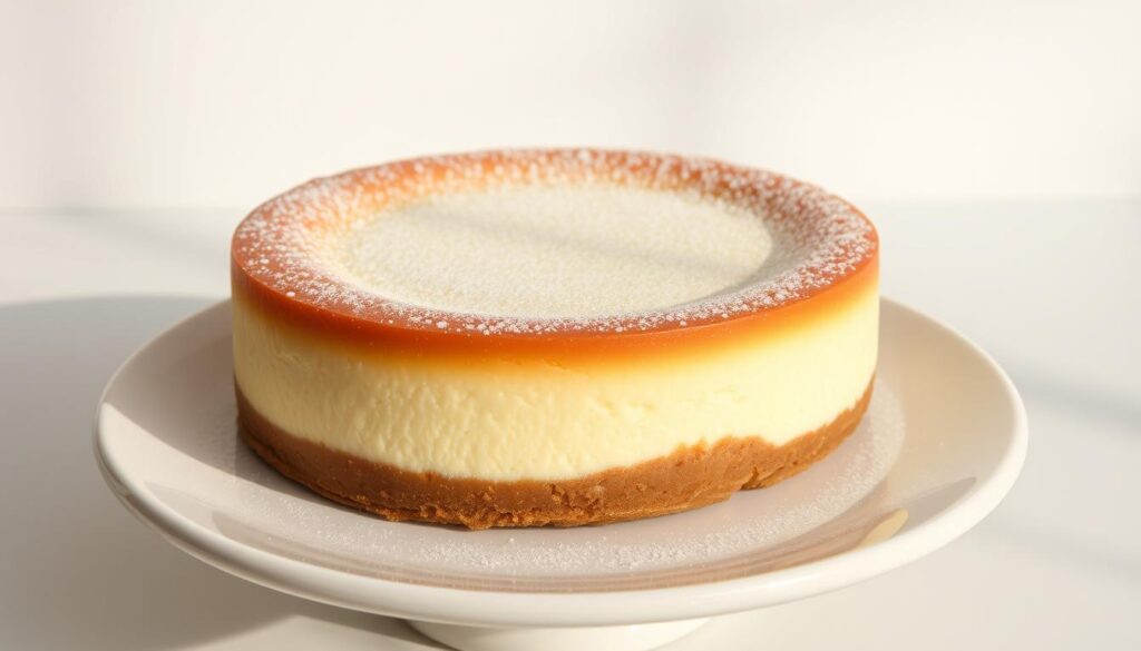 A mouthwatering New York-style cheesecake resting on a delicate ceramic platter, its surface a smooth, creamy expanse dusted with a light coating of powdered sugar. The cake's golden-brown crust glistens invitingly, hinting at the rich, indulgent filling within. Soft, indirect lighting bathes the scene, creating a warm, inviting atmosphere that draws the viewer in. The cheesecake is framed by a minimalist, contemporary backdrop, allowing it to take center stage as the undisputed star of the composition. This is the legendary cheesecake that has become the signature dessert of D9 Cakery, a culinary oasis in the heart of Singapore.