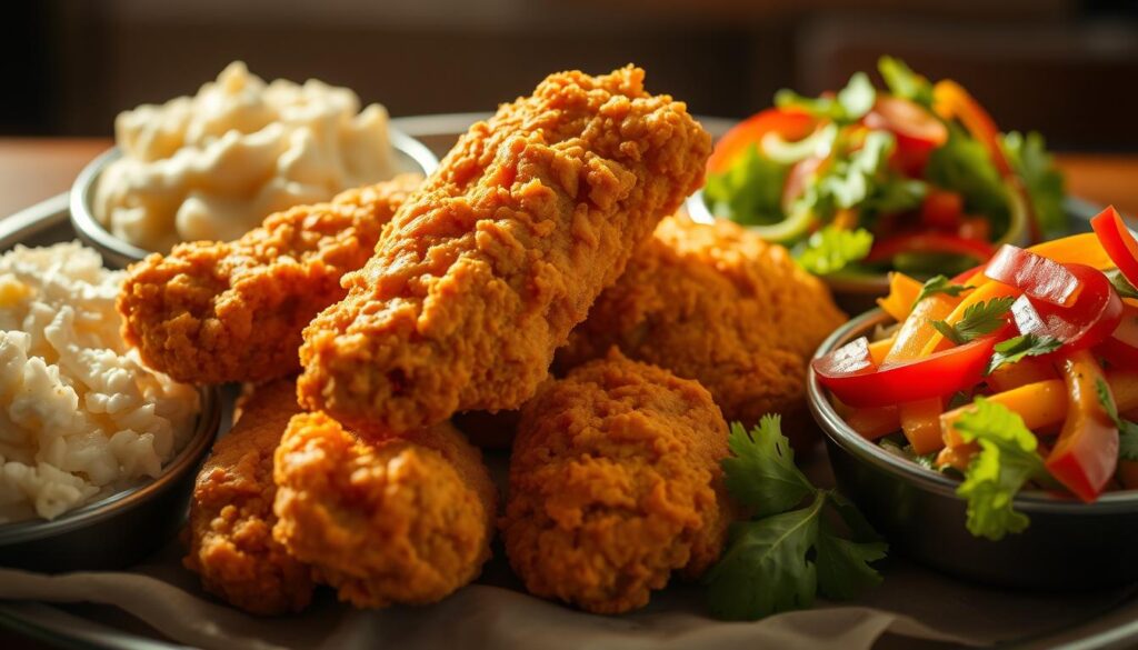 A mouthwatering arrangement of crispy fried chicken, golden and glistening, takes center stage. Beside it, a selection of tempting side dishes - fluffy mashed potatoes, creamy coleslaw, and a vibrant, freshly-tossed salad. The lighting is warm and inviting, casting a soft glow over the scene. The camera angle is slightly elevated, giving a tantalizing, bird's-eye view of the delectable spread. The overall atmosphere is one of comfort, indulgence, and the promise of a satisfying, flavor-packed meal.