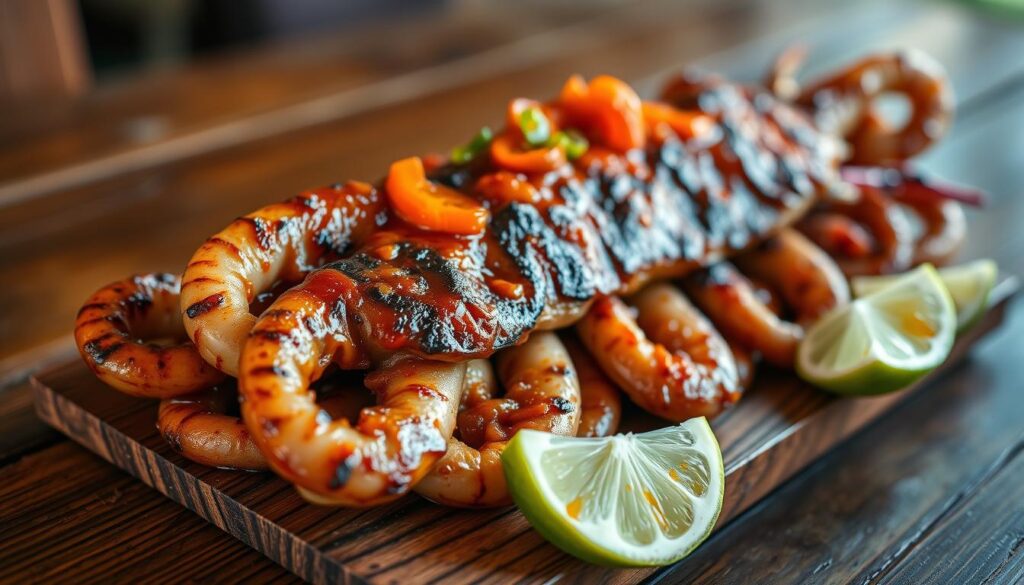A mouthwatering close-up of a grilled cumi bali (Balinese-style grilled squid) dish, set against a rustic wooden table. The squid, perfectly charred and glistening, is arranged artfully with a vibrant sambal (chili sauce) and fresh lime wedges, conveying the bold flavors of Indonesian cuisine. The lighting is warm and natural, casting a inviting glow on the dish. The background is softly blurred, keeping the focus on the star of the show - the cumi bali, a beloved signature dish of a legendary Indonesian restaurant.
