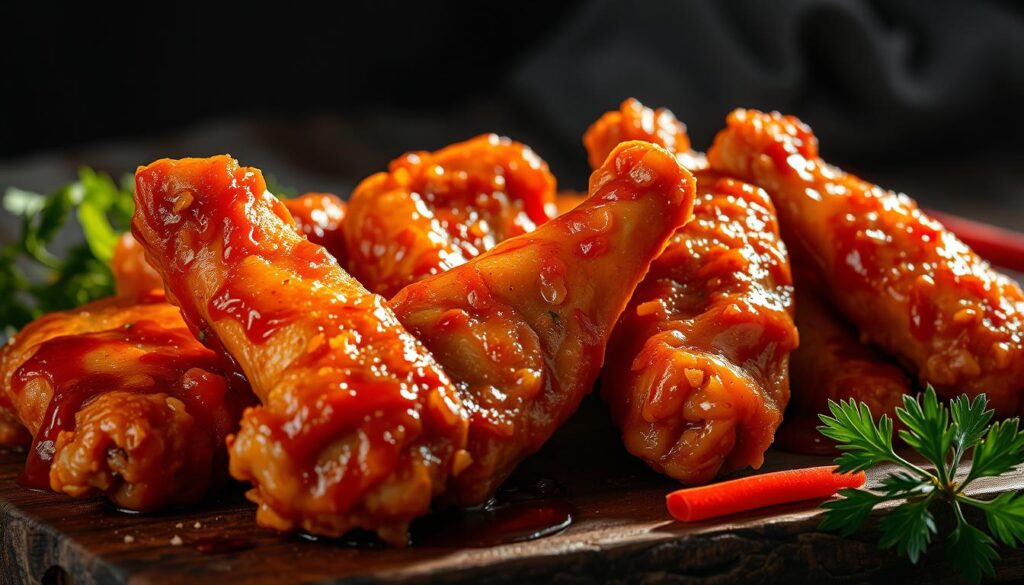 A mouthwatering close-up of crispy, golden-brown chicken wings, glistening with a delectable sauce that catches the light. The wings are arranged on a rustic wooden surface, surrounded by fresh herbs and spices that add vibrant pops of color. Dramatic backlighting casts dramatic shadows, creating a moody, atmospheric scene. The wings appear succulent and tender, inviting the viewer to take a bite and savor the complex flavors. The overall composition is visually striking, showcasing the best of Singapore's renowned chicken wing offerings.
