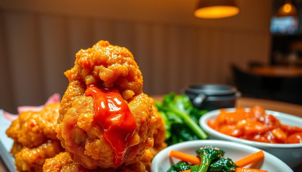 A mouthwatering display of golden-brown Korean fried chicken glistening under warm, diffused lighting. The foreground features a close-up view of the crispy, puffed-up exterior, with hints of a vibrant red-orange chili glaze cascading down the tender meat. In the middle ground, an arrangement of colorful banchan - pickled radish, sesame-dressed spinach, and tangy kimchi - complements the main dish. The background softly fades into a minimalist, modern setting, hinting at the trendy, upscale ambiance of a Singapore eatery specializing in this beloved Korean delicacy.