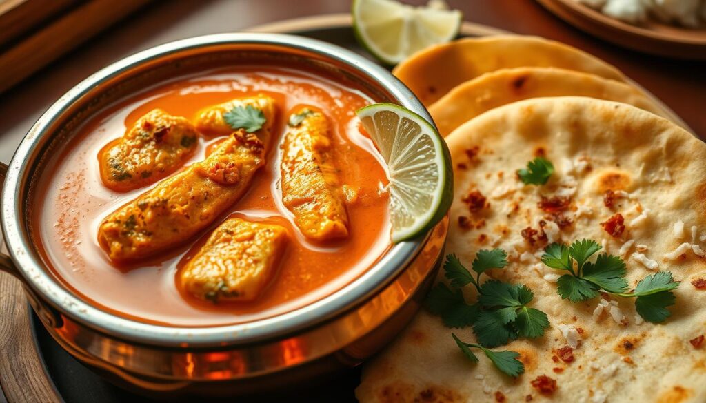 A mouthwatering fish curry simmers on a gleaming copper pot, its vibrant orange hue and fragrant spices beckoning the senses. Soft, golden-brown roti prata flatbreads are arranged artfully alongside, their crisp, flaky layers perfect for dipping and sopping up the rich, creamy curry. Slices of fresh lime, fragrant cilantro, and a sprinkle of toasted coconut flakes add a fresh, tropical accent. The scene is bathed in warm, golden light, casting a cozy, inviting atmosphere. Captured at a low angle, the image emphasizes the the delectable pairing of the curry and the prata, highlighting their complementary flavors and textures.
