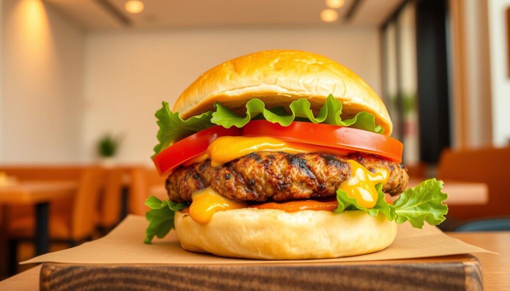 A mouthwatering, perfectly crafted vegan burger from VeganBurg in Singapore. The bun is soft and golden, the patty a succulent, char-grilled plant-based creation. Fresh lettuce, juicy tomato slices, and a creamy, tangy sauce adorn the burger, creating a harmonious blend of flavors. The restaurant's minimalist, modern interior is visible in the background, with clean lines and a bright, airy atmosphere. Warm, natural lighting casts a cozy glow over the scene, making the burger the central focus. The overall impression is one of a delicious, guilt-free indulgence that perfectly captures the essence of VeganBurg's innovative, plant-based offerings.