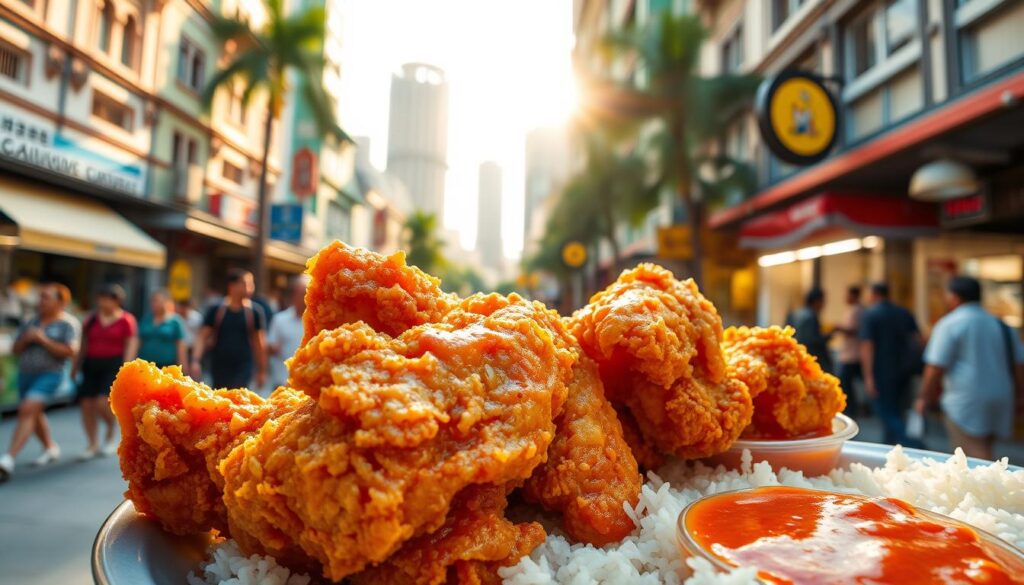 A mouthwatering plate of crispy, golden-brown fried chicken glistening with juices, set against the vibrant backdrop of a bustling Singaporean street scene. The chicken is accompanied by a side of fragrant, fluffy white rice and a tangy, sweet-and-sour chili dipping sauce. In the foreground, the chicken is captured in sharp focus, the light casting warm, dramatic shadows that accentuate its delectable texture. In the middle ground, people stroll past colorful shophouses and hawker stalls, creating a lively, authentic Singaporean atmosphere. The background features the iconic Singapore skyline, with towering skyscrapers and lush greenery, all bathed in the soft, golden glow of the afternoon sun.