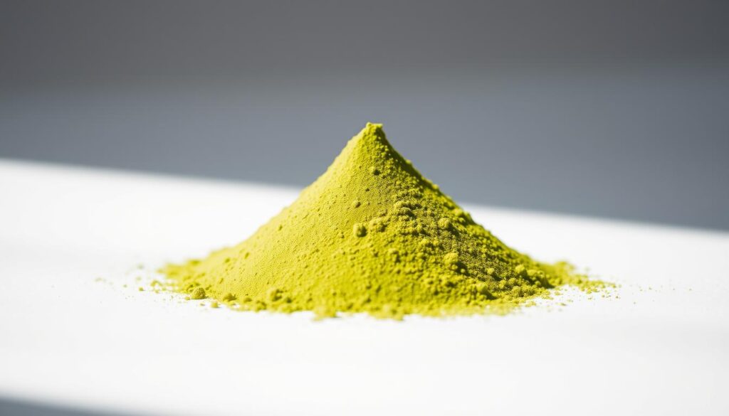 A neatly arranged close-up of high-quality matcha powder. Bright, natural lighting illuminates the vibrant green powder, revealing its fine, silky texture. The powder is gently heaped on a clean, white background, creating a minimalist, elegant composition. The image captures the powder's premium quality, with a focus on its vivid color, smooth consistency, and alluring visual appeal. A sense of purity, freshness, and refined Japanese aesthetics permeates the scene, inviting the viewer to imagine the rich, umami-filled taste and aroma of this premium matcha.