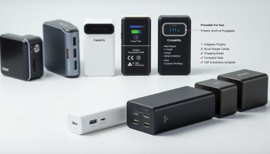 A neatly arranged comparison of power bank features on a clean, minimalist background. In the foreground, several power banks are displayed side-by-side, showcasing their various ports, indicators, and design elements. The middle ground includes detailed close-up shots highlighting the key specifications like capacity, charging speed, and compatibility. The background is a softly lit, gradient-based setting that creates a sense of depth and focus on the power bank products. The overall composition has a sleek, professional tone, emphasizing the technical aspects and performance metrics that consumers would find useful when selecting the best power bank in Singapore.
