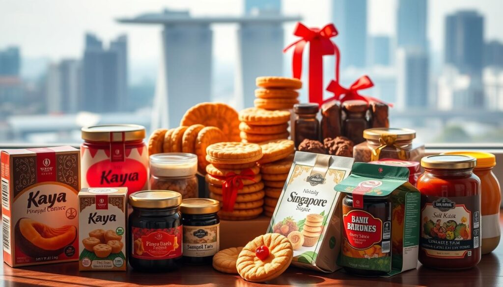 A neatly arranged display of Singapore's iconic edible souvenirs, bathed in warm, natural lighting. In the foreground, artfully presented boxes of kaya (coconut jam) and jars of spicy sambal sauce, their vibrant colors and intricate packaging capturing the essence of local flavors. In the middle ground, an assortment of traditional cookies and pastries, such as pineapple tarts and bak kwa (barbecued meat), neatly stacked and adorned with decorative touches. The background features a subtle, blurred cityscape, hinting at the bustling energy of Singapore's urban landscape. The overall composition conveys a sense of balance, quality, and the celebratory spirit of sharing Singapore's culinary delights as souvenirs.