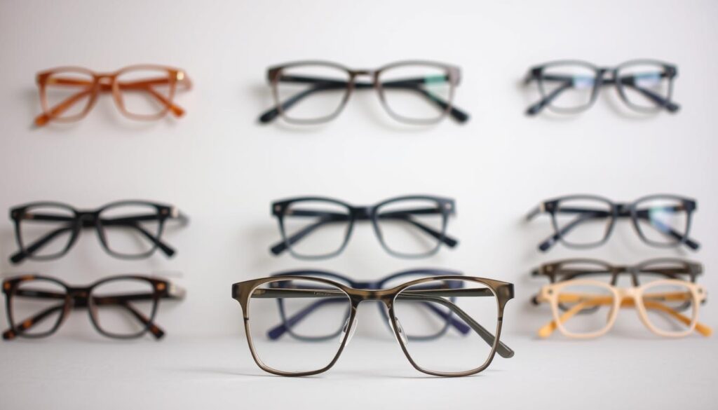 A neatly arranged display of budget-friendly eyewear against a clean, minimalist backdrop. The frames are showcased in a well-lit, softly diffused environment, emphasizing their quality and style. The middle ground features a variety of rectangular, round, and cat-eye silhouettes in muted tones like tortoiseshell, black, and subtle pastels. In the foreground, a pair of angular, metal-framed glasses stands out, capturing the attention. The overall scene conveys a sense of sophistication and accessibility, inviting the viewer to explore these affordable, yet stylish optical options.