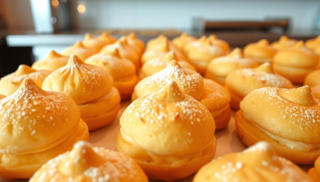 A neatly arranged display of delicate mini cream puffs in a cozy, well-lit bakery setting. The puffs have a soft, pillowy texture and a dusting of powdered sugar on their golden-brown tops. They are presented in a simple, understated manner, allowing their natural charm to shine. The lighting is warm and inviting, creating a comforting atmosphere. The focus is on the puffs, with a clean, uncluttered background that lets the viewer's attention remain on the star of the image - the affordable, bite-sized indulgences.