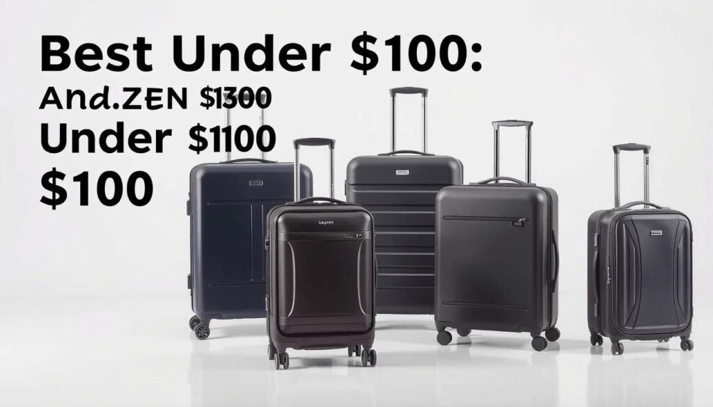 A neatly arranged still life of affordable travel suitcases under $100, showcased in a well-lit, neutral-toned studio setting. The suitcases are presented from a slightly high angle, allowing a clear view of their durable construction, smooth rolling wheels, and sleek, minimalist designs in muted colors like navy, charcoal, and slate grey. The suitcases are placed on a clean, reflective surface, creating a sense of depth and highlighting their practical features. The lighting is soft and diffused, creating gentle shadows and highlighting the textural details of the luggage. The overall mood is one of practicality, quality, and value, reflecting the "Best Under $100: Amazon Basics" section of the article.