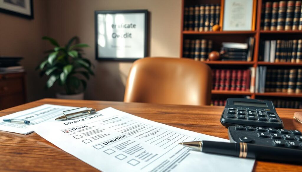 A neatly organized checklist laid out on a wooden desk, with a pen, calculator, and divorce-related documents in the foreground. The background features a warm, muted office setting with a potted plant, a framed certificate, and a bookshelf filled with legal volumes, creating a professional and thoughtful atmosphere. The lighting is soft and natural, casting gentle shadows and highlighting the details of the items on the desk. The overall mood is one of focused preparation and attention to detail, reflecting the importance of the divorce process.