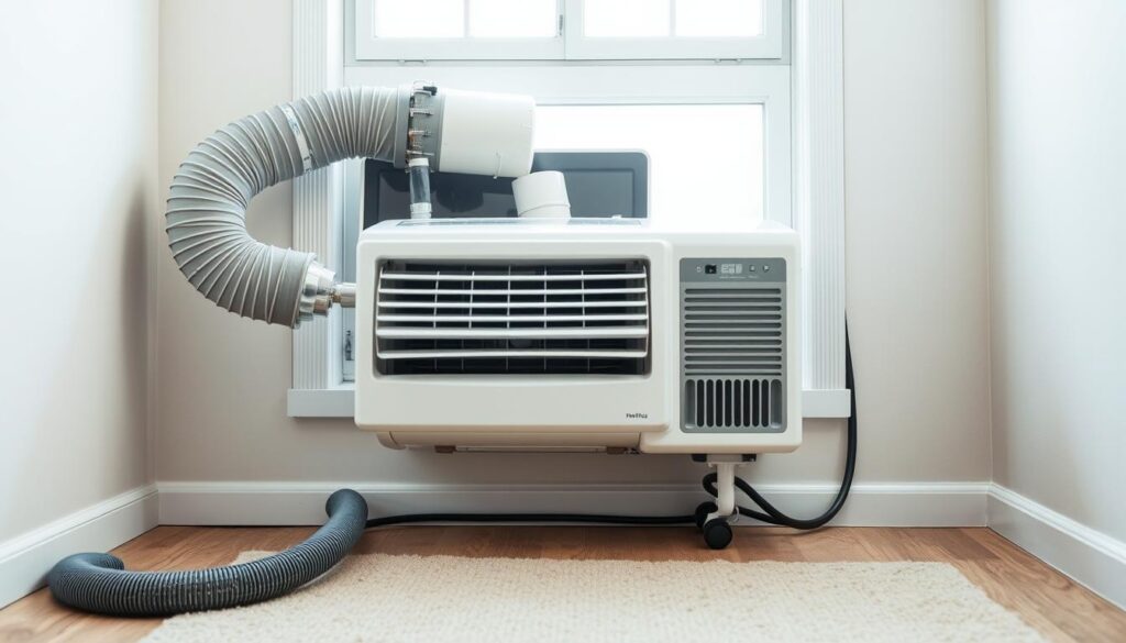 A neatly organized portable air conditioner installation setup, captured in a well-lit studio environment. The foreground features the AC unit with its various components, including the exhaust hose, drainage pipe, and control panel, all assembled with precision. The middle ground showcases the unit's placement, nestled in a window frame, seamlessly integrated into the domestic setting. The background subtly blends in neutral-toned walls, providing a clean, uncluttered backdrop that emphasizes the technical details of the installation process. The overall mood is one of professionalism and attention to detail, guiding the viewer through the steps of properly setting up a portable air conditioning system.