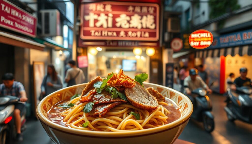 A noodle dish set against a vibrant, atmospheric backdrop of a bustling Singaporean street. In the foreground, a steaming bowl of Hill Street Tai Hwa pork noodles, the signature dish - thick, springy noodles coated in a rich, savory broth, topped with succulent slices of roasted pork, crisp pork lard, and fresh greens. The middle ground reveals the charming, time-worn facade of the Tai Hwa Pork Noodle restaurant, with its iconic red-and-white signage. In the background, a lively Singaporean street scene unfolds, with pedestrians, motorbikes, and the hustle and bustle of everyday life. The scene is bathed in warm, golden light, capturing the convivial atmosphere and the allure of this Michelin-starred local delicacy.