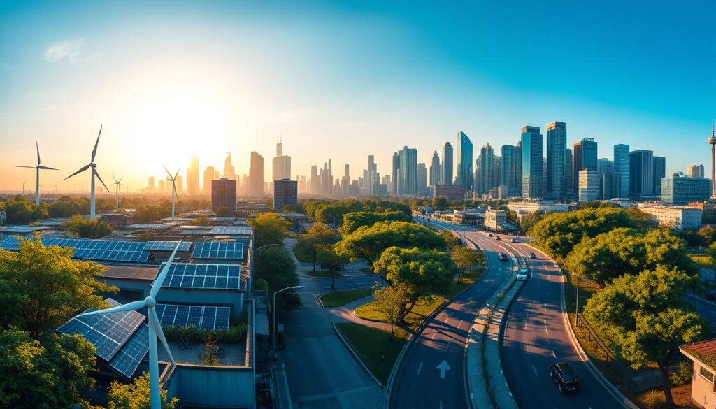 A panoramic view of a modern sustainable city skyline, bathed in warm golden sunlight and accented with lush green foliage. In the foreground, an array of clean energy solutions are prominently displayed - solar panels on rooftops, wind turbines gently rotating, and electric vehicles charging at roadside stations. The middle ground features pedestrian-friendly parks and bike lanes, while the background showcases towering skyscrapers with energy-efficient designs. The overall scene conveys a sense of harmony between technology, nature, and environmentally conscious urban living.