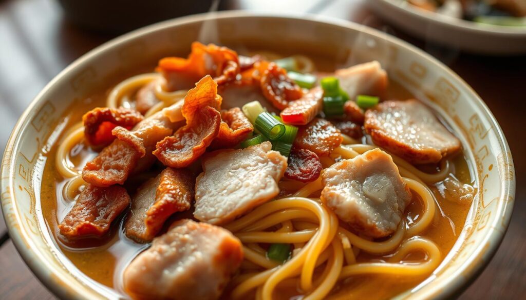 A piping hot bowl of mee pok noodles, its yellow wheat strands nestled in a pool of fragrant pork lard. Crispy lardons glisten atop the dish, their golden-brown hues contrasting with the smooth, silky texture of the noodles. The aroma of rendered pork fat, garlic, and freshly chopped scallions wafts through the air, promising a savory and satisfying meal. A scattering of tender pork slices adds heartiness, while the overall composition exudes a sense of rustic, comforting indulgence. Captured in warm, natural lighting that casts a soft glow, the scene evokes the welcoming ambiance of a beloved neighborhood eatery.