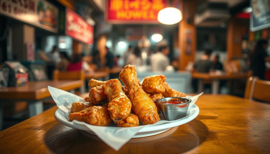 A plate of budget-friendly fried chicken wings nestled on a simple wooden table, against a backdrop of an unassuming Singaporean hawker center. The wings are golden-brown and glistening, their crispy skin contrasting with the juicy, tender meat within. A small bowl of dipping sauce sits nearby, its vibrant red hue hinting at the bold, spicy flavors. Soft, diffused lighting from above illuminates the scene, casting warm shadows that add depth and texture. The overall atmosphere is casual, unpretentious, and evocative of the casual, communal dining experience found in the heart of Singapore's bustling street food culture.