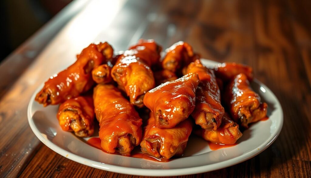 A plate of juicy, golden-brown buffalo wings, freshly fried and dripping with a tangy, spicy sauce. The wings are arranged neatly, each one glistening with a sticky glaze that clings to the crispy skin. The background is a rustic, wooden table, casting a warm, inviting glow on the scene. Ambient light filters through the room, creating soft shadows and highlights that accentuate the texture and depth of the wings. The overall atmosphere is one of casual, American-style dining, hinting at the delicious flavors and satisfying experience that awaits the diner.