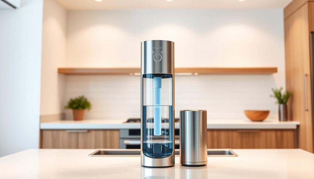 A premium water filtration system, the CUCKOO Titan, stands elegantly in a well-lit, modern kitchen. The device's sleek, stainless steel exterior gleams under soft, diffused lighting, casting a warm, inviting atmosphere. Intricate details, such as the intuitive control panel and the transparent water tank, showcase the system's advanced filtration technology. The middle ground features a minimalist, white-tiled backsplash, complementing the system's premium design. In the background, wooden cabinets and a subtle, neutral-toned wall create a balanced, sophisticated ambiance, emphasizing the CUCKOO Titan's position as the best premium water purifier in Singapore.