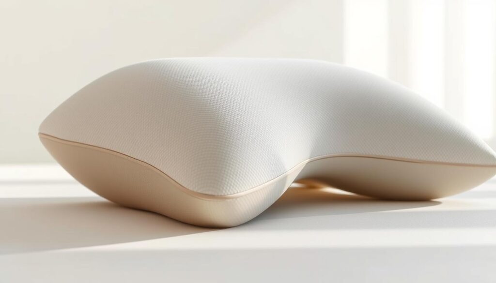 A pristine, high-quality memory foam neck support pillow resting on a clean, minimalist surface, bathed in soft, diffused natural lighting. The pillow's contours and texture are rendered in exquisite detail, showcasing the premium materials and ergonomic design. The background is a serene, uncluttered space, allowing the pillow to be the focal point. The overall atmosphere is one of tranquility, comfort, and sophistication, perfectly capturing the essence of a top-rated memory foam pillow.
