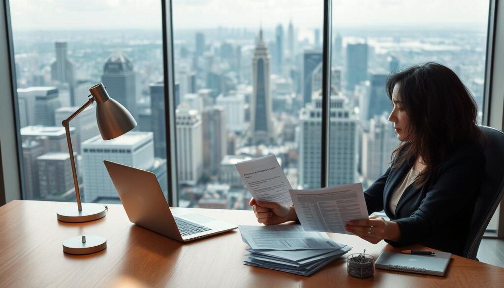 A pristine office setting with a wooden desk, a modern lamp, and a sleek laptop. In the foreground, a person sits contemplating financial documents, their expression one of focused deliberation. Behind them, a vast window offers a panoramic view of a bustling cityscape, the skyline dotted with towering skyscrapers. The lighting is soft and natural, casting a warm glow over the scene. The overall atmosphere conveys a sense of professionalism, efficiency, and the careful consideration of financial decisions.
