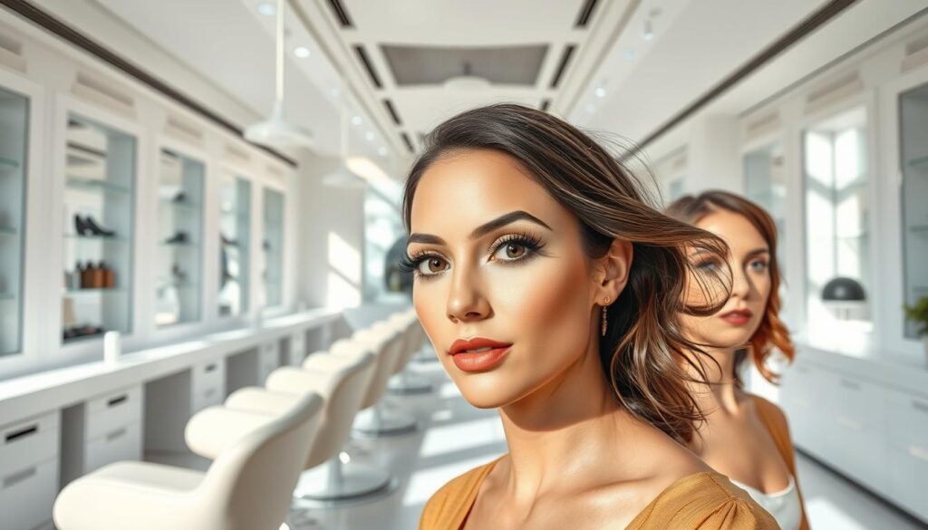 A pristine, sun-drenched salon interior with modern, minimalist decor. Sleek, ergonomic stations lined up in a spacious, well-lit room. Glamorous models showcase full, luscious lashes, their faces framed by delicate, perfectly-curled extensions. Soft, directional lighting gently accentuates the lashes' volume and definition. High-resolution, wide-angle lens captures the salon's sophisticated ambiance and the customers' serene, satisfied expressions. An oasis of luxury and pampering, where the best lash artistry in Singapore is on full display.