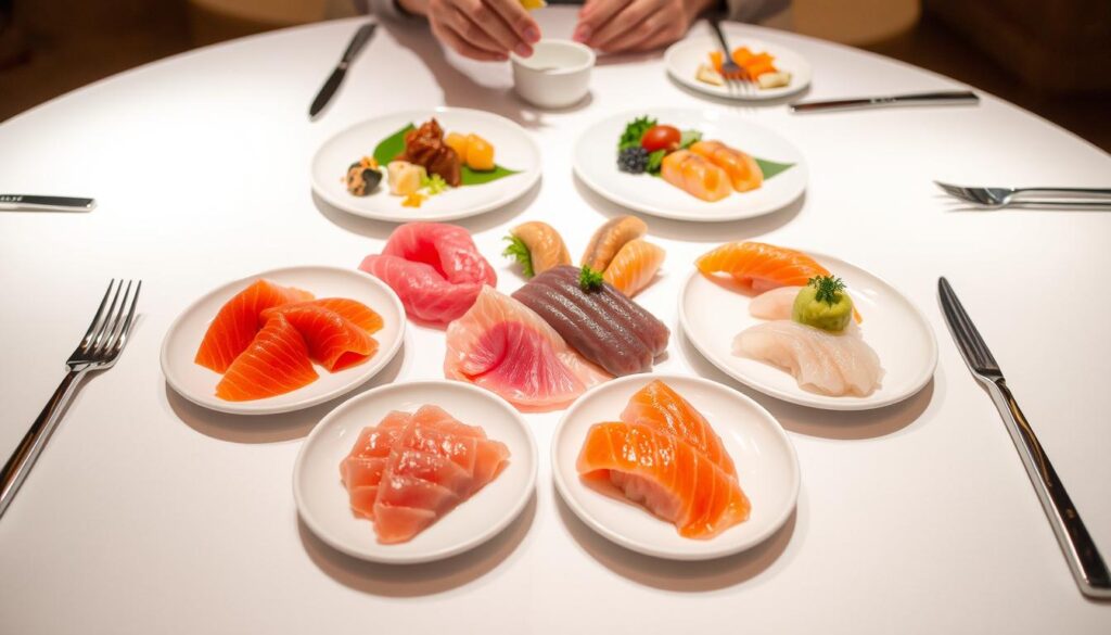 A pristine white tablecloth sets the stage for an exquisite Michelin-starred omakase menu. Gleaming silver chopsticks and delicate porcelain plates await the arrival of meticulously prepared sashimi, each slice a work of art. Soft lighting casts a warm glow, accentuating the vibrant colors and intricate plating. In the center, a thoughtfully curated selection of the freshest seafood takes center stage, from ruby-red tuna to silky-smooth salmon. The atmosphere exudes elegance and refinement, transporting the diner to a realm of culinary excellence. A sense of anticipation lingers, hinting at the sublime flavors and textures to come.