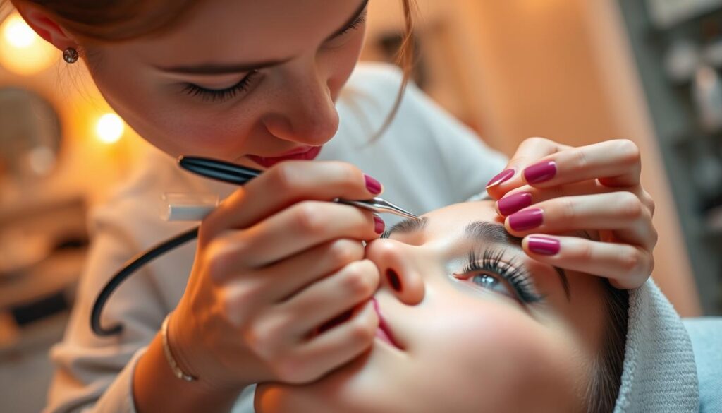 A professional lash technician intently focused, carefully applying individual lash extensions to a client's natural lashes using precision tweezers and a specialized glue, in a well-lit, serene beauty studio setting with minimal distractions. The process is captured from an overhead angle, showcasing the delicate technique and concentration required. Warm, soft lighting creates a soothing, spa-like ambiance, while the client's face remains partially obscured, emphasizing the lash technician's skilled hands at work.
