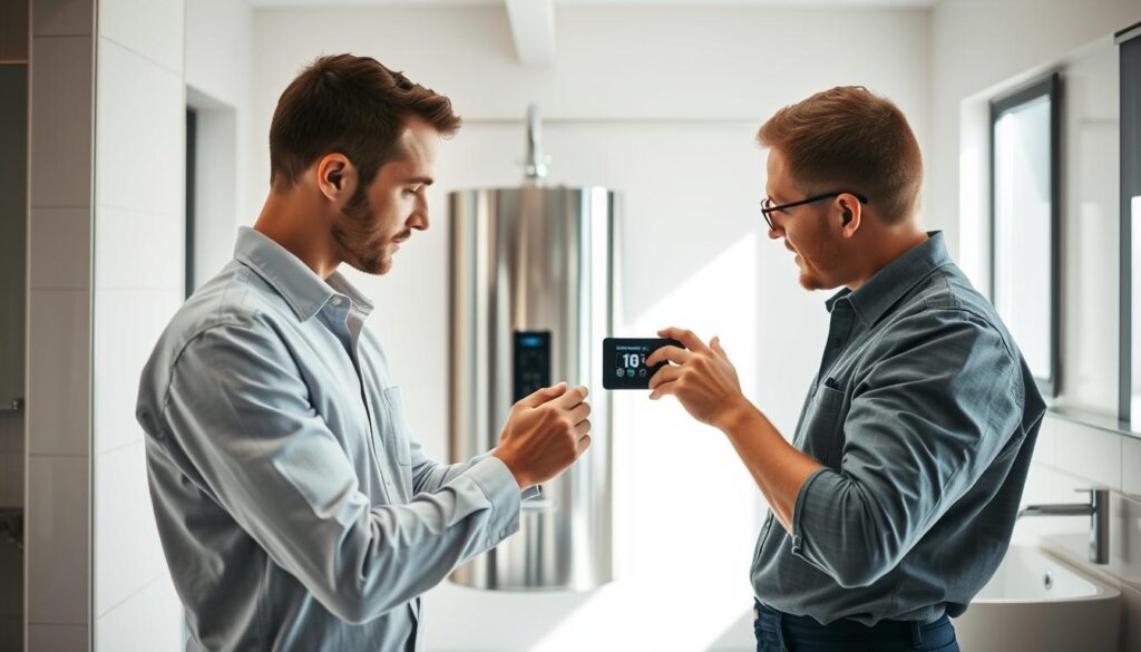 A professional technician inspecting and servicing a water heater in a well-lit, modern bathroom. In the foreground, the technician is examining the control panel, checking for any issues. The water heater is positioned centrally, with its sleek, stainless steel exterior reflecting the bright, natural lighting from the large windows in the background. The room has a clean, minimalist design, with white tiles and elegant fixtures, creating a serene and inviting atmosphere. The technician's attentive expression and the attention to detail in the service process convey the importance of proper water heater maintenance for optimal performance and safety.