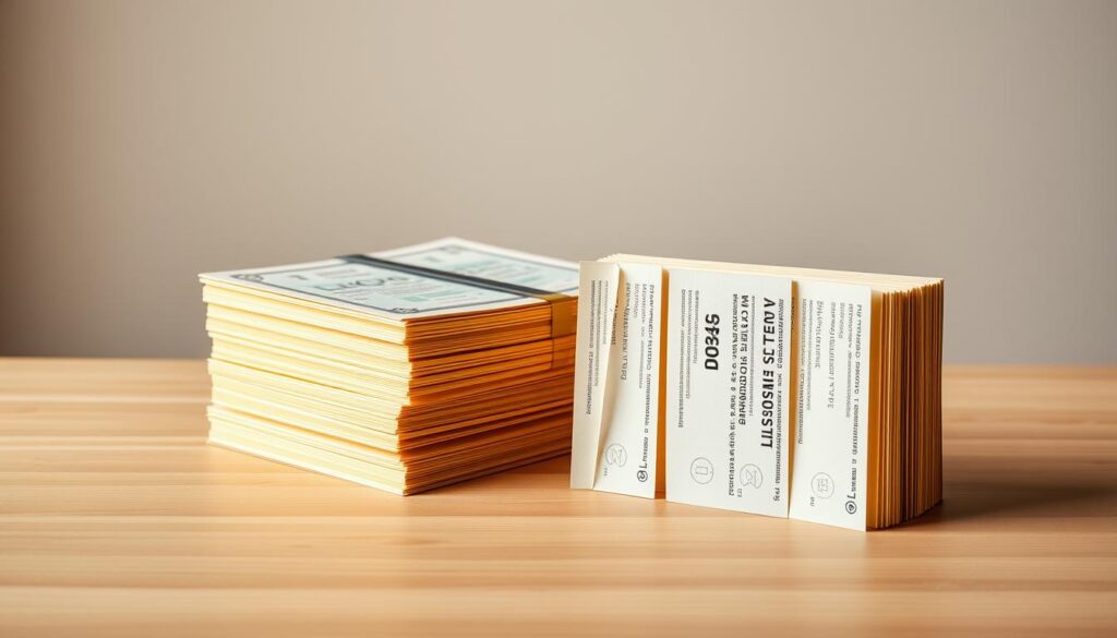 A professionally lit still life composition featuring a stack of crisp, golden fixed deposit certificates alongside a row of slim, elegant T-bill documents. The certificates and bills are arranged on a sleek, polished wooden table, with a soft, neutral-toned backdrop that allows the financial instruments to take center stage. Soft, directional lighting casts subtle shadows, adding depth and dimension to the scene. The overall mood is one of sophistication, stability, and careful financial planning, perfectly suited to illustrate the comparative analysis of these two investment options.