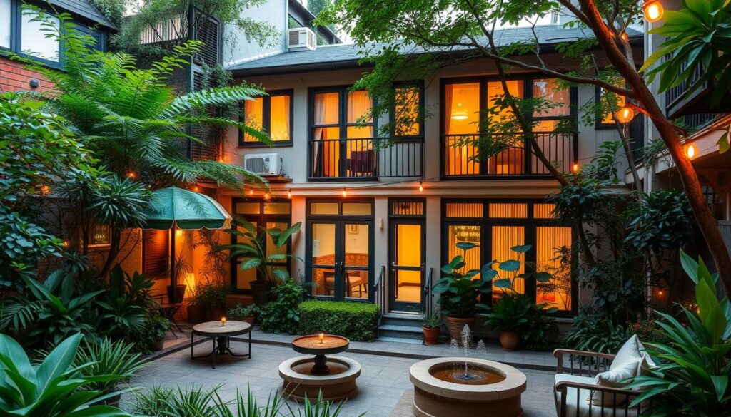 A quaint, budget-friendly urban retreat nestled in lush greenery. A charming mid-rise building with a mix of modern and vintage architectural elements sits amidst a verdant courtyard. Cozy seating areas and small fountains dot the landscaped grounds, creating a serene oasis away from the bustling city. Warm, soft lighting filters through the large windows, casting a welcoming glow. A sense of tranquility and relaxation pervades the scene, inviting guests to unwind and recharge. The overall atmosphere is one of understated elegance and comfort, perfectly suited for a relaxing staycation.