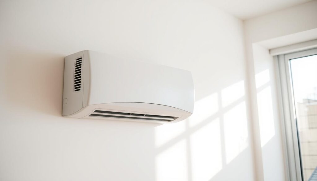 A quiet, modern air conditioning unit set against a minimalist, well-lit interior. The unit is mounted flush against the wall, its sleek, unobtrusive design blending seamlessly with the clean, neutral-toned decor. Soft, diffused lighting from a nearby window bathes the scene in a warm, natural glow, casting gentle shadows and highlights that accentuate the unit's smooth, curved surfaces. The air flow from the unit is subtle and efficient, gently circulating the air without any noticeable noise or disturbance. The overall atmosphere is one of tranquility and comfort, where the air conditioning system operates harmoniously with the surrounding environment.