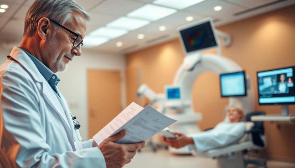 A radiant, clinical setting with a vibrant yet serene ambiance. In the foreground, a doctor in a white coat examines medical charts, their face conveying compassion and expertise. In the middle ground, a patient sits with a hopeful expression, surrounded by state-of-the-art medical equipment and monitors. The background depicts a modern, well-equipped cancer treatment facility, bathed in warm, diffused lighting that emanates a sense of care and cutting-edge technology. The overall scene conveys the advancements in cancer treatment coverage, offering a glimpse of the reassuring and comprehensive support available to patients.