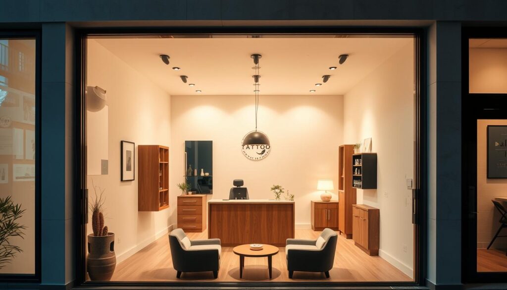 A refined and minimalist tattoo studio with an elegant ambiance. The entrance features a sleek and modern facade, with large windows showcasing the studio's understated aesthetic. Inside, the space is bathed in warm, soft lighting, creating a serene and inviting atmosphere. The reception area has a simple, clean-lined design with wooden accents, complemented by plush seating. In the main tattoo area, the artist's workstation is meticulously organized, with subtle decorative elements that enhance the studio's refined aesthetic. The overall impression is one of understated sophistication, reflecting the delicate and precise nature of the tattoo artistry within.
