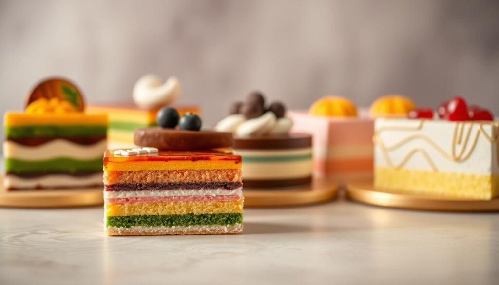 A refined and visually enticing selection of premium layered desserts, capturing the essence of the iconic Kueh Lapis. In the foreground, a meticulously crafted Kueh Lapis slice, its intricate layers of vibrant colors and delicate textures glistening under the soft, warm lighting. In the middle ground, an assortment of other luxurious layered desserts, each showcasing their own unique flavors and presentations. The background features a subtle, elegant backdrop, allowing the desserts to take center stage. The overall composition evokes a sense of indulgence, craftsmanship, and the rich culinary heritage of Singapore.