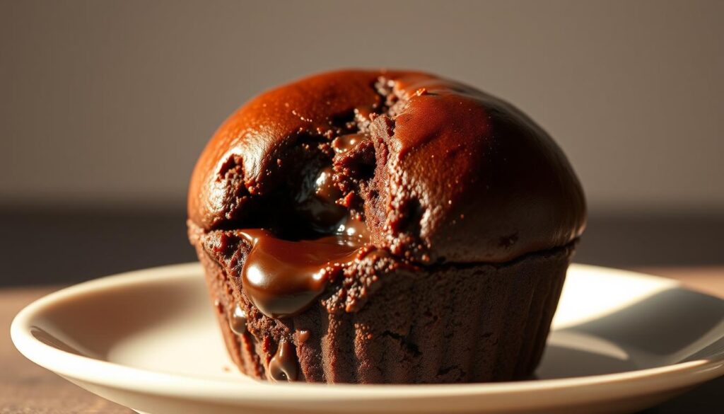 A rich, decadent dark chocolate lava muffin, freshly baked with a molten center. The dome-shaped pastry glistens under warm studio lighting, casting soft shadows that accentuate the smooth, glossy surface. The muffin's exterior is a deep, luxurious brown, hinting at the indulgent interior. Nestled on a white porcelain plate, the muffin is framed by a simple, minimalist background, allowing the star of the image to shine. The overall mood is one of sophisticated elegance and temptation, inviting the viewer to imagine the irresistible experience of biting into the muffin and feeling the luscious chocolate ooze out.