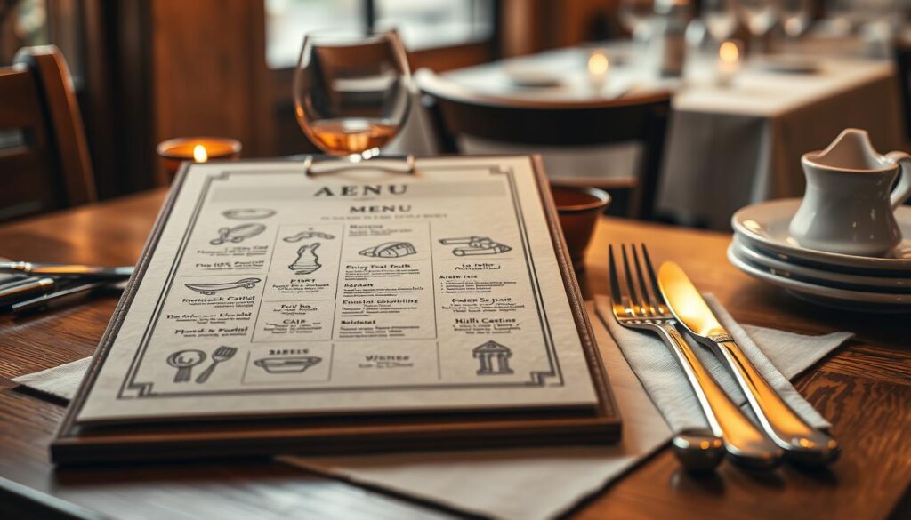 A richly textured, high-quality image of the Alati Divine Greek Cuisine menu. The menu is presented on a wooden table, with a linen tablecloth and simple elegant tableware. The menu features beautifully illustrated icons and typography, showcasing the restaurant's authentic Greek cuisine. The lighting is soft and warm, creating a cozy, inviting atmosphere reminiscent of a traditional Greek taverna. The background is blurred, allowing the menu to take center stage, highlighting its delectable offerings. The overall composition conveys a sense of sophistication and attention to detail, capturing the essence of the Alati Divine Greek Cuisine experience.