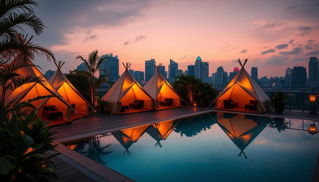 A rooftop oasis with Mr Stork's signature tepee tents, each nestled amidst lush tropical foliage and accented by warm golden lighting. The tents' canvas walls and wooden frames create a cozy, yet airy ambiance, their silhouettes reflected in the glassy surface of a tranquil pool. In the background, the vibrant Singapore skyline shimmers, complementing the CBD's skyscrapers with a panoramic view. Warm hues and soft shadows envelop the scene, evoking a serene, intimate atmosphere perfect for an evening of tropical bites and cocktails.