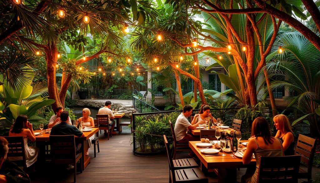 A scenic al fresco dining area set within the lush, verdant Halia Botanic Gardens. Diners are seated at elegant wooden tables, enjoying a sumptuous seafood feast under the warm glow of string lights suspended from the surrounding tropical foliage. The atmosphere is tranquil and serene, with the sound of a nearby stream and the gentle breeze rustling the leaves. The lighting is soft and diffused, creating a romantic ambiance. The camera angle is slightly elevated, capturing the entire dining setting in a wide, panoramic view that showcases the picturesque botanical backdrop.